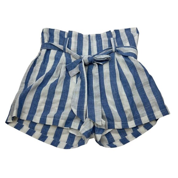 Linen Lux Women’s Paperpag Belted Shorts Blue/White Striped Size Small Pockets - Picture 1 of 7
